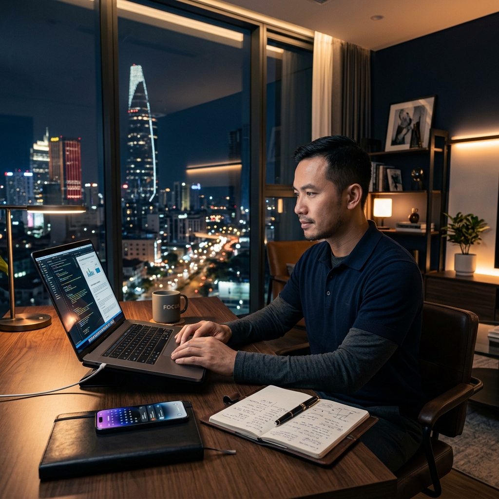 Người Việt trưởng thành làm việc với laptop trong căn hộ hiện đại, tượng trưng cho việc xây nguồn thu nhập từ kỹ năng bán hàng.